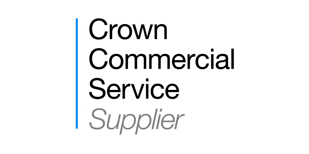 The Crown Commercial Service supplier logo in text with a blue indent line 